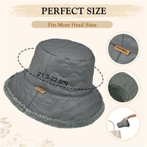 Women\'s Fuzzy Bucket Hat Wide Brim Faux Fur Winter Warm Hat, Gray main image 6